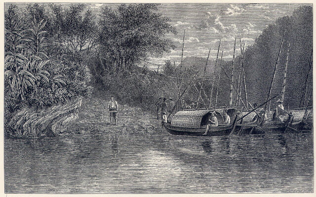 青田七六-1882年英國博物學家吉爾馬一行人在雞籠河岸搭乘舢舨駛往內陸